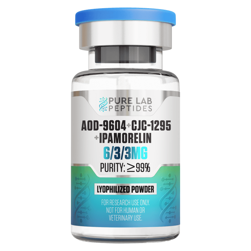 Pure Lab Peptides AOD-9604 + CJC-1295 + Ipamorelin 6/3/3mg bottle.