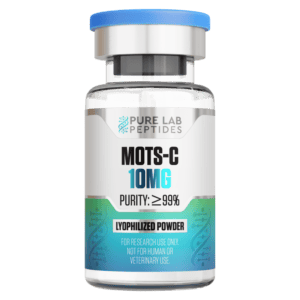 Pure Lab Peptides bottle of MOTS-C 10MG lyophilized powder for research use.