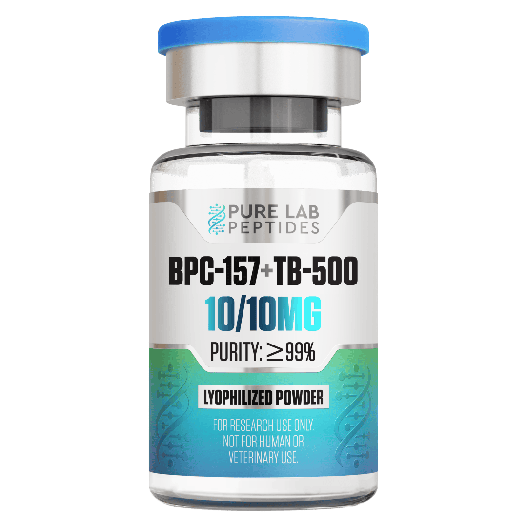 Pure Lab Peptides BPC‑157 + TB‑500 10/10 mg vial, transparent with blue cap, research use only
