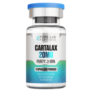 Pure Lab Peptides Cartalax 20 mg lyophilized powder vial with blue cap, purity ≥99%, research use only