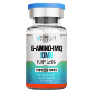 Pure Lab Peptides 5-Amino-1MQ 10 mg lyophilized powder vial with blue cap, research use only