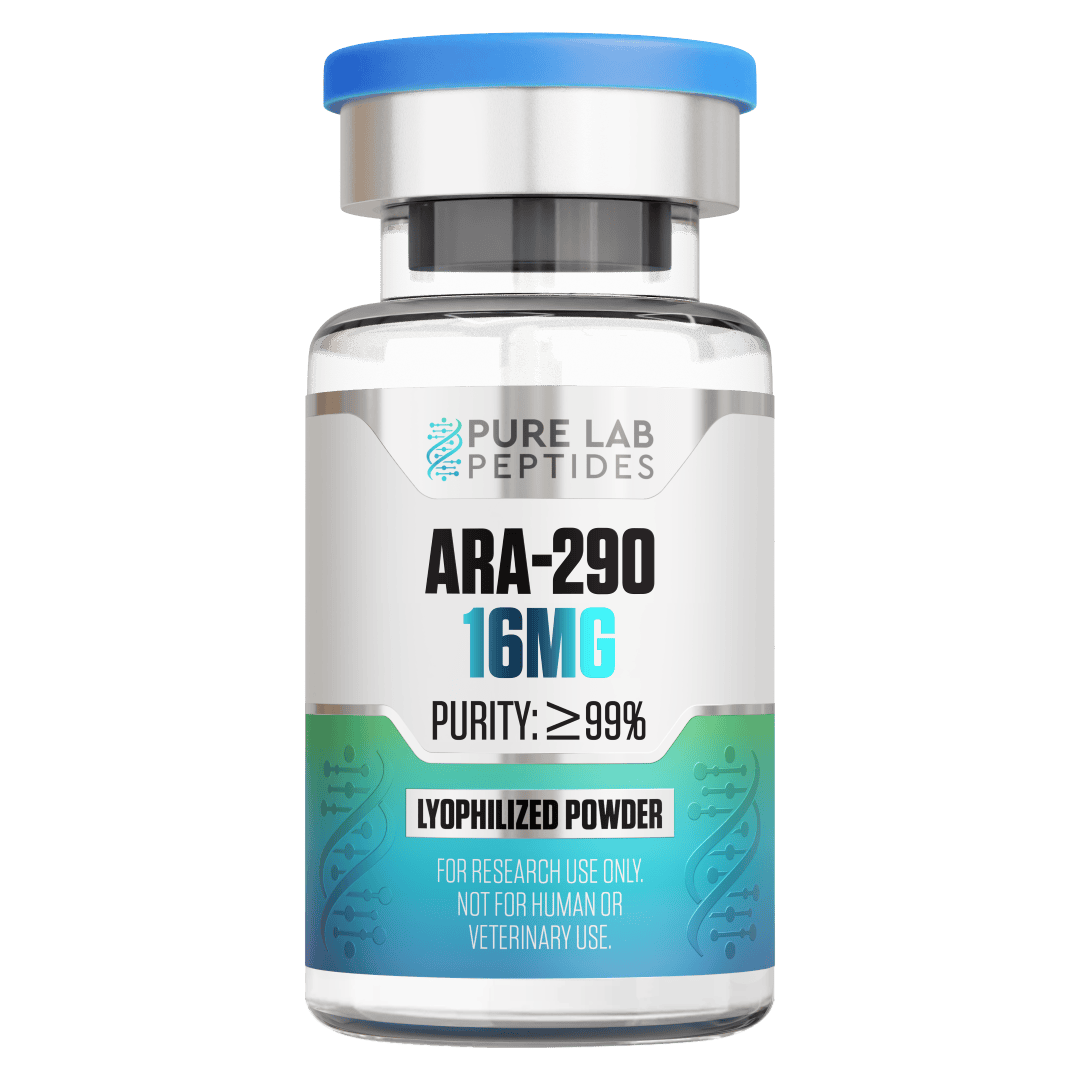 Pure Lab Peptides ARA-290 16 mg lyophilized powder vial, clear glass with blue cap, research use only