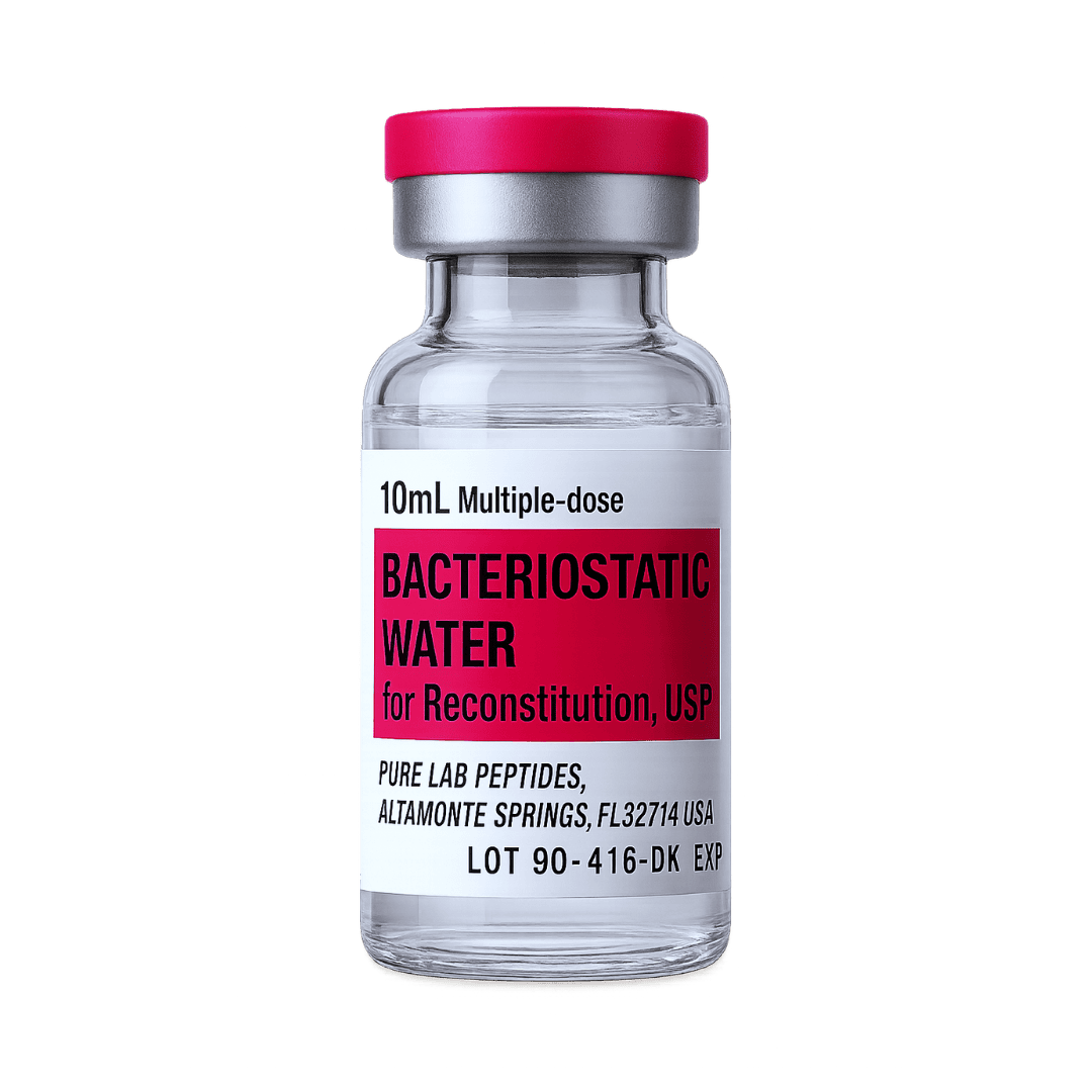 Pure Lab Peptides bacteriostatic water 10 mL multiple-dose vial, with red cap, for reconstitution, research use only