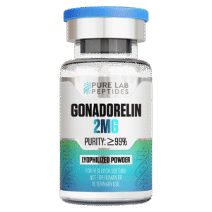 A glass vial containing Gonadorelin, labeled 2MG with a purity of ≥99%, features a blue cap and a gradient design on the label, indicating it is lyophilized powder for research use only, not for human or veterinary use.