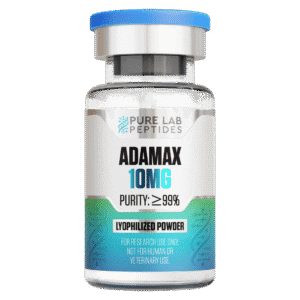 A clear vial labeled 'ADAMAX 10MG' containing lyophilized powder, featuring a blue cap and text indicating purity of ≥99% and instructions for research use only, not for human or veterinary use.
