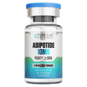 A clear glass vial containing Adipotide with a blue screw cap, labeled with '10MG' and 'PURITY: ≥99%', accompanied by the text 'LYOPHILIZED POWDER' and a disclaimer for research use only.