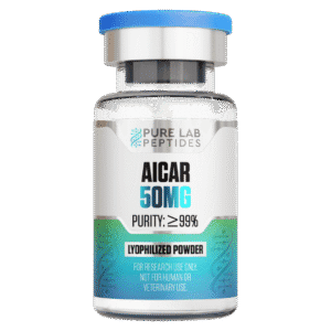 A clear glass vial containing a lyophilized powder labeled 'AICAR 50MG' with a purity of 99% or greater. The vial features a blue cap and a design that includes the branding 'Pure Lab Peptides.' A caution at the bottom states it's for research use only, not for human or veterinary use.