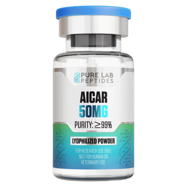 A clear glass vial containing a lyophilized powder labeled 'AICAR 50MG' with a purity of 99% or greater. The vial features a blue cap and a design that includes the branding 'Pure Lab Peptides.' A caution at the bottom states it's for research use only, not for human or veterinary use.
