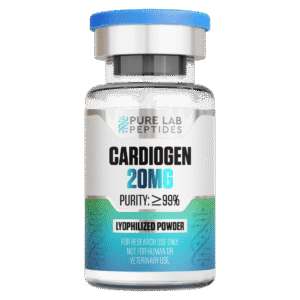 A clear vial labeled 'Cardiogen 20mg' containing lyophilized powder, with a blue cap, and a purity claim of 99% prominently displayed. The label indicates it's for research use only, not for human or veterinary use.