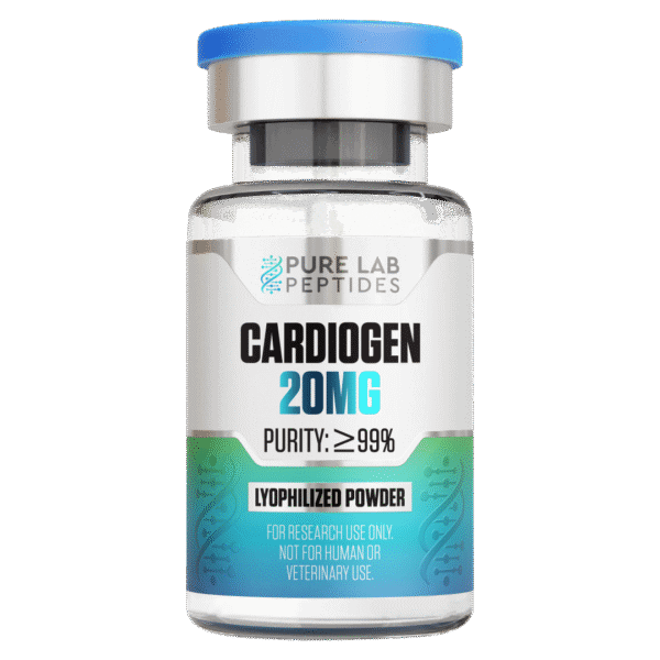 A clear vial labeled 'Cardiogen 20mg' containing lyophilized powder, with a blue cap, and a purity claim of 99% prominently displayed. The label indicates it's for research use only, not for human or veterinary use.