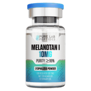 A clear glass vial with a blue cap, labeled 'MELANOTAN I 10MG' and 'PURITY: ≥99%'. The vial contains lyophilized powder with a design featuring molecular structures and a note stating 'FOR RESEARCH USE ONLY. NOT FOR HUMAN OR VETERINARY USE.'