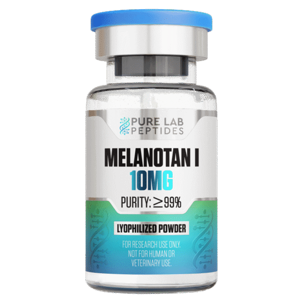 A clear glass vial with a blue cap, labeled 'MELANOTAN I 10MG' and 'PURITY: ≥99%'. The vial contains lyophilized powder with a design featuring molecular structures and a note stating 'FOR RESEARCH USE ONLY. NOT FOR HUMAN OR VETERINARY USE.'