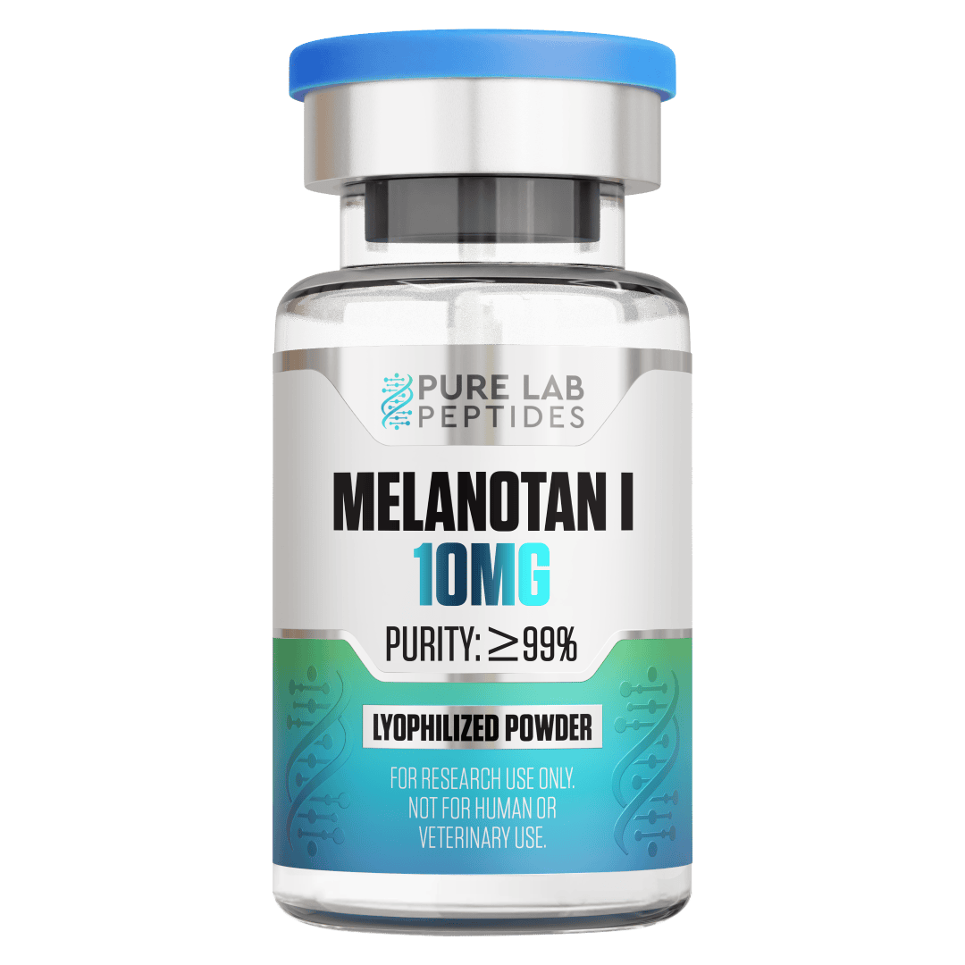 A clear glass vial with a blue cap, labeled 'MELANOTAN I 10MG' and 'PURITY: ≥99%'. The vial contains lyophilized powder with a design featuring molecular structures and a note stating 'FOR RESEARCH USE ONLY. NOT FOR HUMAN OR VETERINARY USE.'
