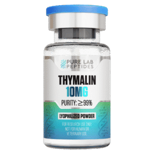 A clear glass vial labeled 'Thymalin 10mg' with a blue cap, stating 'Purity: ≥99%' and 'Lyophilized Powder,' indicating it's for research use only.