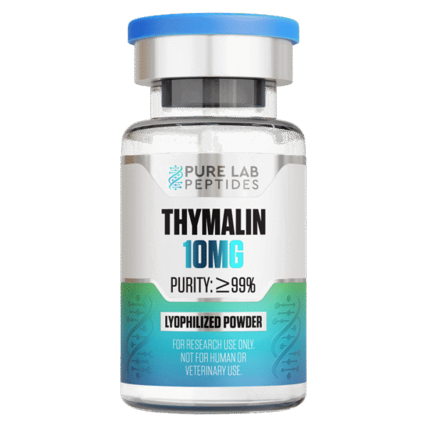 A clear glass vial labeled 'Thymalin 10mg' with a blue cap, stating 'Purity: ≥99%' and 'Lyophilized Powder,' indicating it's for research use only.